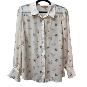 ModCloth Ballet Print Sheer Button Front Blouse Cream Long Sleeve Size 1X